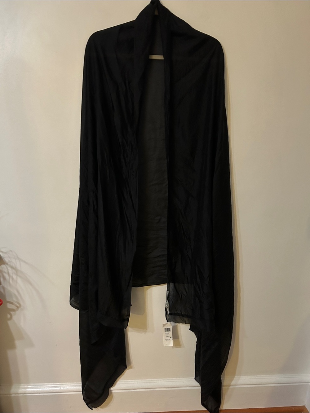 Eileen Fisher Washed Silk Parachute Scarf Black Lightweight Raw Hem Graceful